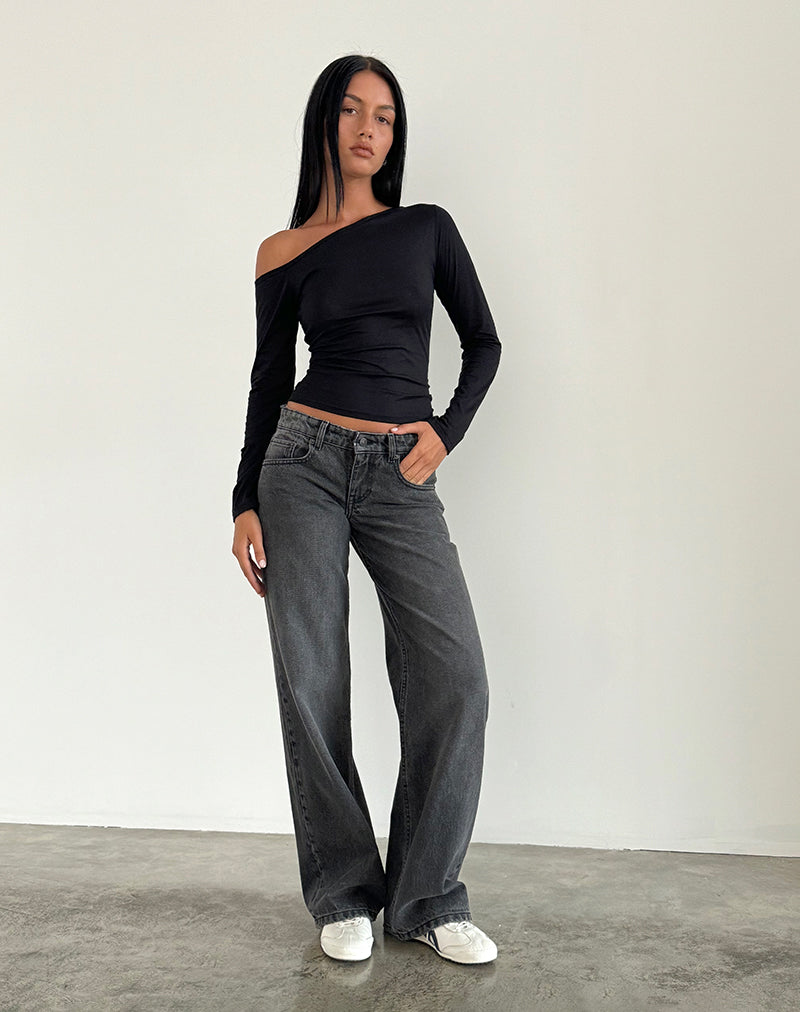 Jeans Dame Lige Ben Lav Talje Fem Lommet Sort Grå Vasket – Denim Stil