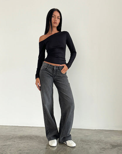 Jeans Dame Lige Ben Lav Talje Fem Lommet Sort Grå Vasket – Denim Stil
