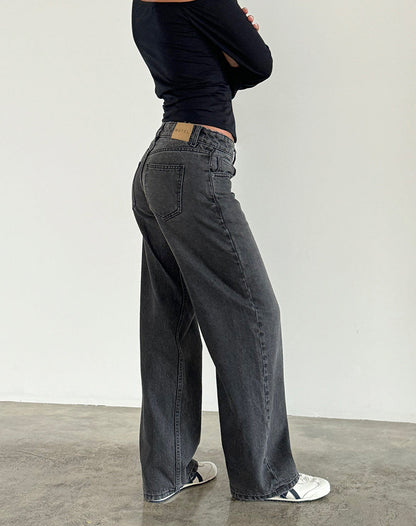 Jeans Dame Lige Ben Lav Talje Fem Lommet Sort Grå Vasket – Denim Stil