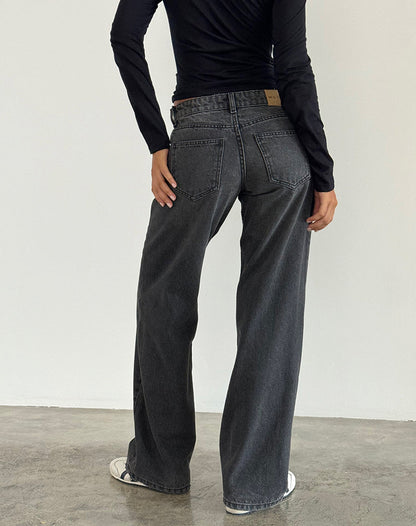 Jeans Dame Lige Ben Lav Talje Fem Lommet Sort Grå Vasket – Denim Stil