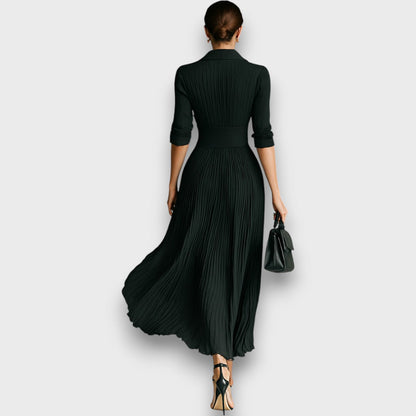Women's Maxi Dress with Long Sleeves, Notched Collar, and Pleated Skirt – Elegant Formal Dress
