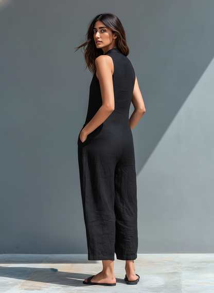 Women's Sleeveless Jumpsuit with Mandarin Collar and Front Buttons – Comfortable Fit