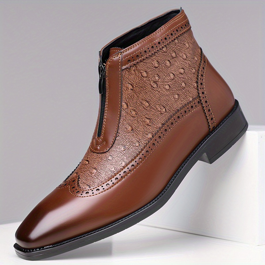Men’s ostrich leather ankle boots with a front zipper and glossy-finish inserts.