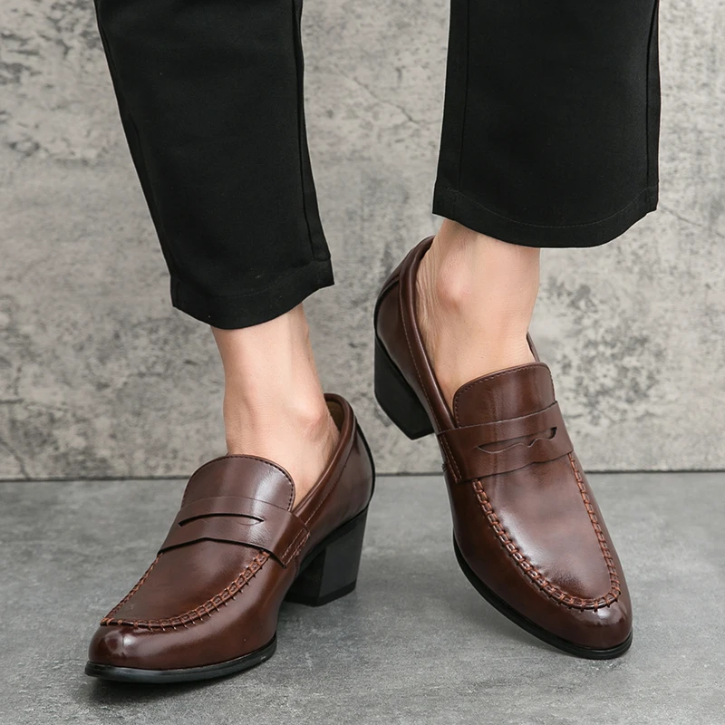 Men's Slip-On Design Loafers with Block Heel and Hand-Stitched Seams