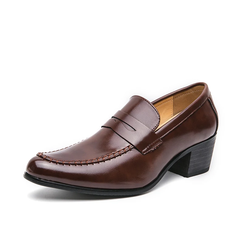 Men's Slip-On Design Loafers with Block Heel and Hand-Stitched Seams