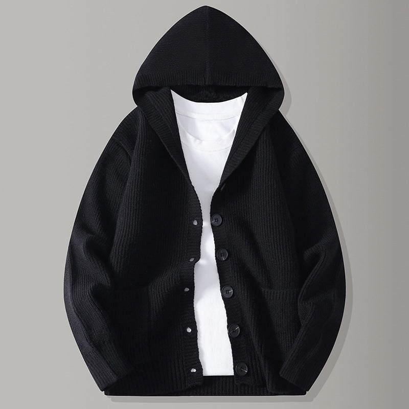 Cardigan Uomo con Cappuccio in Maglia a Coste e Chiusura con Bottoni – Maglia Style