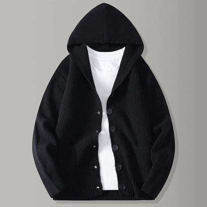 Cardigan Uomo con Cappuccio in Maglia a Coste e Chiusura con Bottoni – Maglia Style