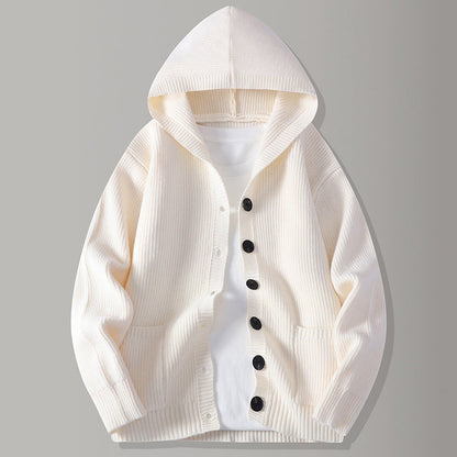 Cardigan Uomo con Cappuccio in Maglia a Coste e Chiusura con Bottoni – Maglia Style
