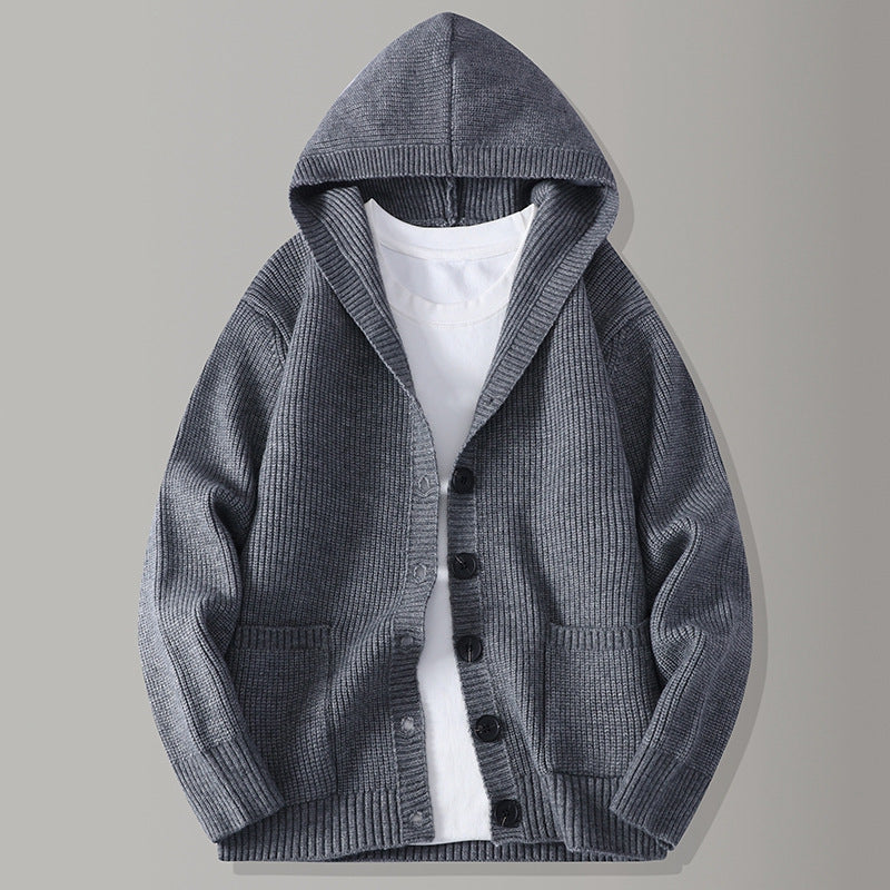 Cardigan Uomo con Cappuccio in Maglia a Coste e Chiusura con Bottoni – Maglia Style