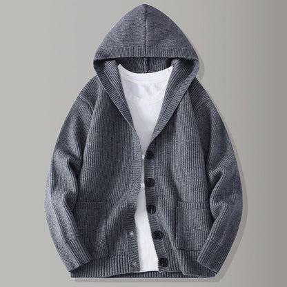 Cardigan Uomo con Cappuccio in Maglia a Coste e Chiusura con Bottoni – Maglia Style