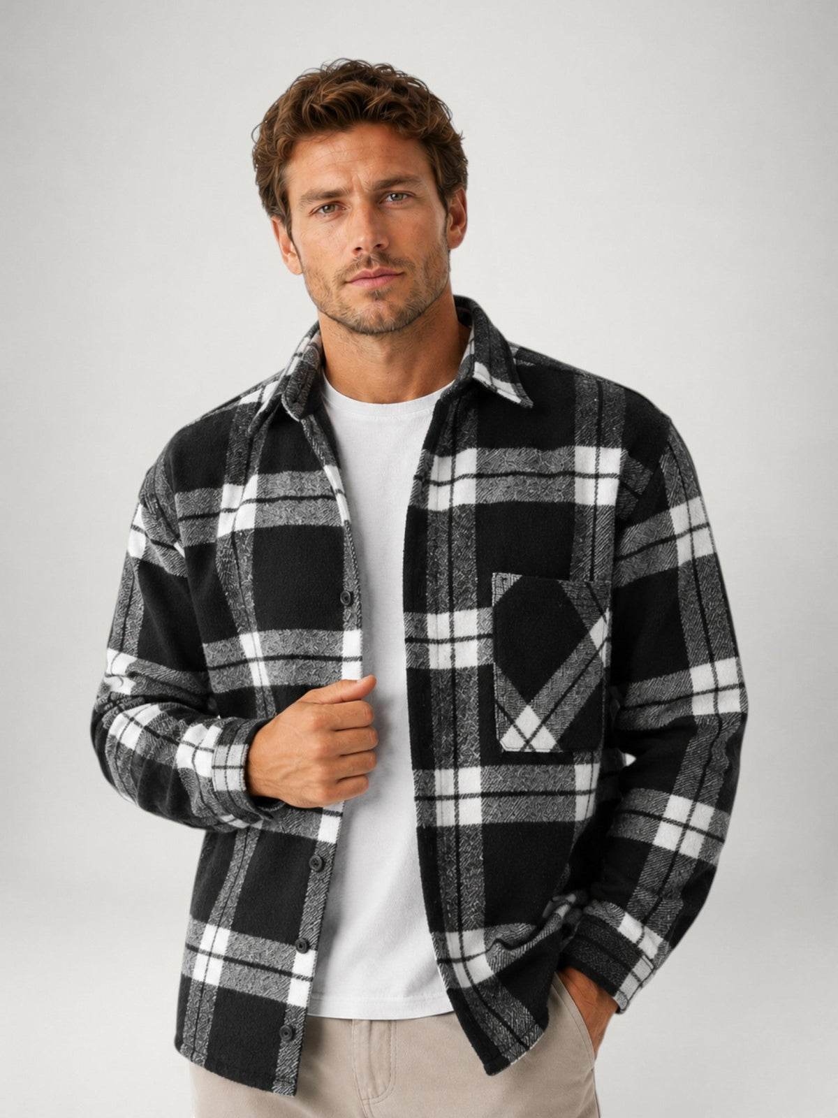 Men’s Autumn Plaid Flannel Shirt, Comfortable Fit, Button Closure and Long Sleeves.