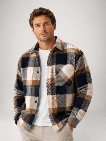 Men’s Autumn Plaid Flannel Shirt, Comfortable Fit, Button Closure and Long Sleeves.
