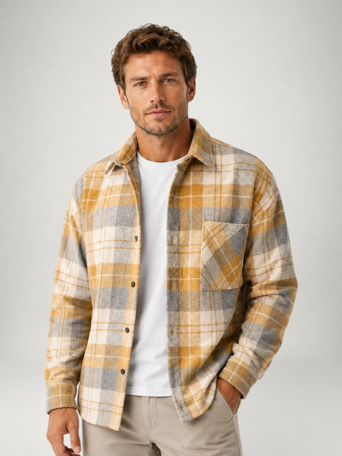 Men’s Autumn Plaid Flannel Shirt, Comfortable Fit, Button Closure and Long Sleeves.