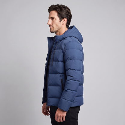 Men's winter jacket with a hood, quilted padding, and polyester insulation.