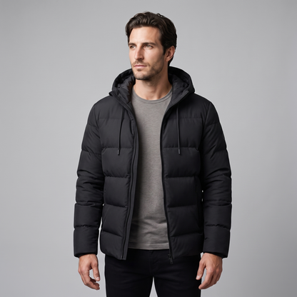 Men's winter jacket with a hood, quilted padding, and polyester insulation.