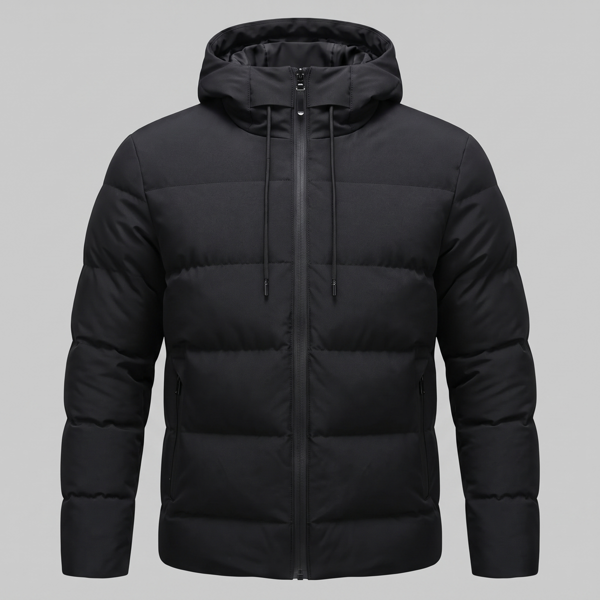 Men's winter jacket with a hood, quilted padding, and polyester insulation.