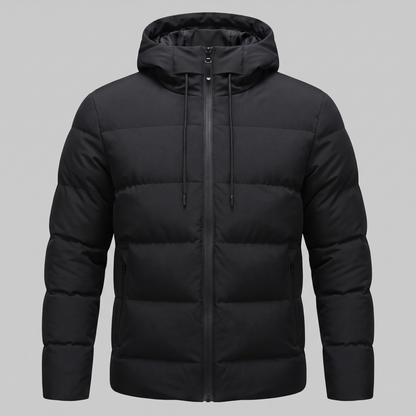 Men's winter jacket with a hood, quilted padding, and polyester insulation.
