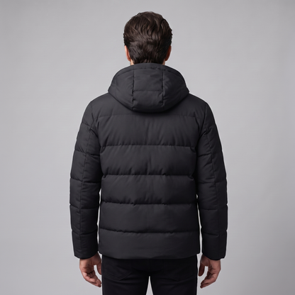 Men's winter jacket with a hood, quilted padding, and polyester insulation.