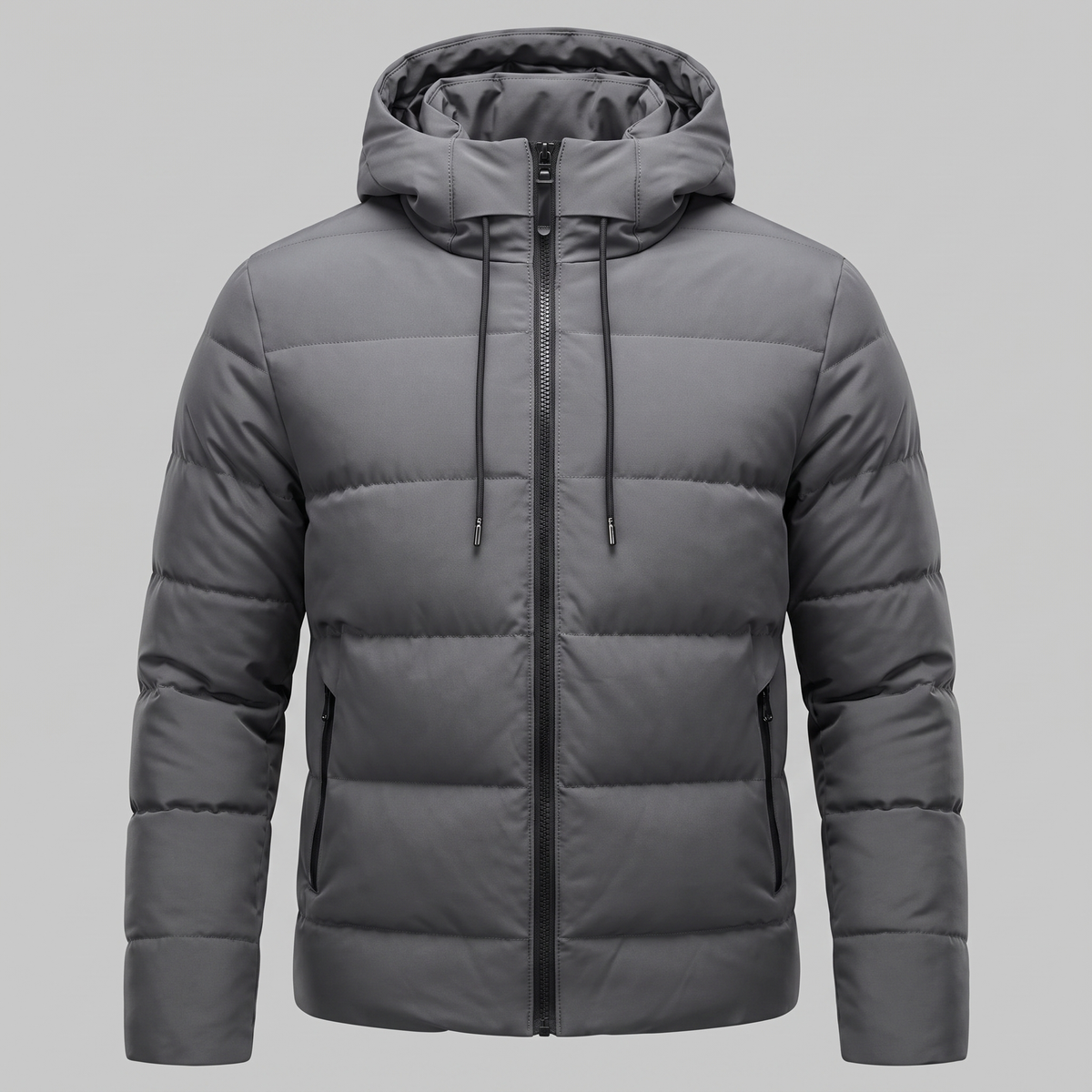 Men's winter jacket with a hood, quilted padding, and polyester insulation.