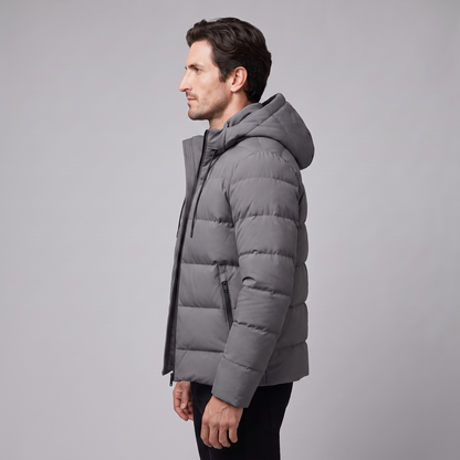 Men's winter jacket with a hood, quilted padding, and polyester insulation.