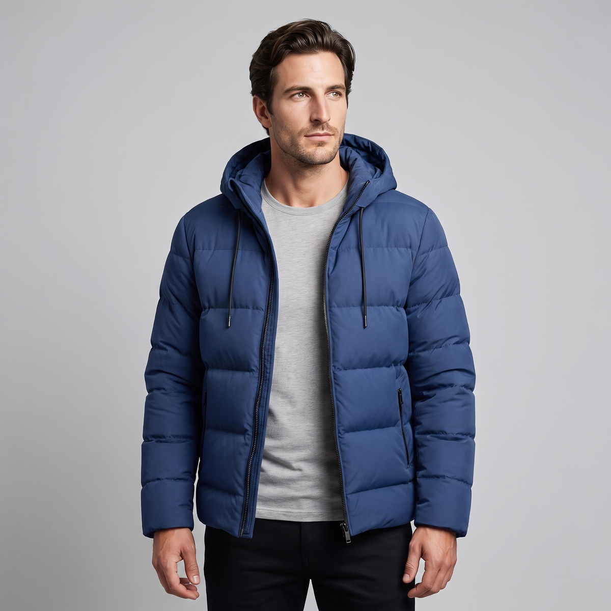 Men's winter jacket with a hood, quilted padding, and polyester insulation.