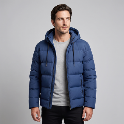 Men's winter jacket with a hood, quilted padding, and polyester insulation.
