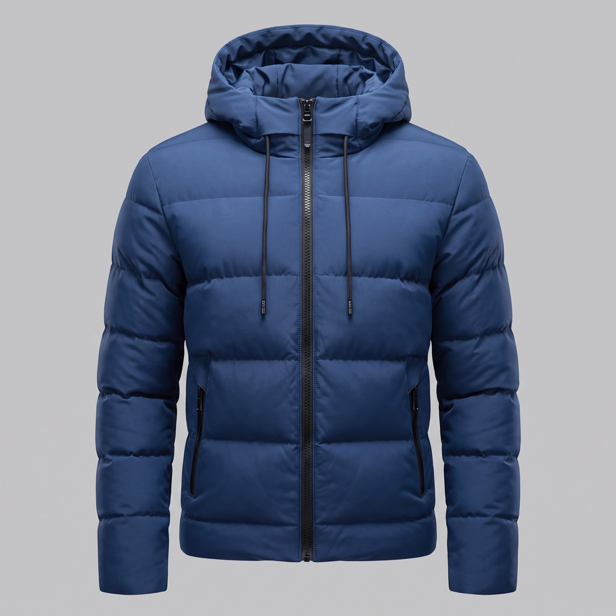 Men's winter jacket with a hood, quilted padding, and polyester insulation.