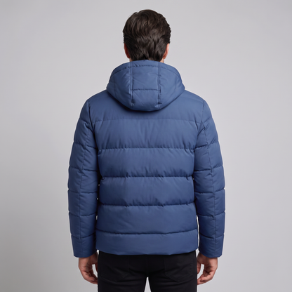 Men's winter jacket with a hood, quilted padding, and polyester insulation.