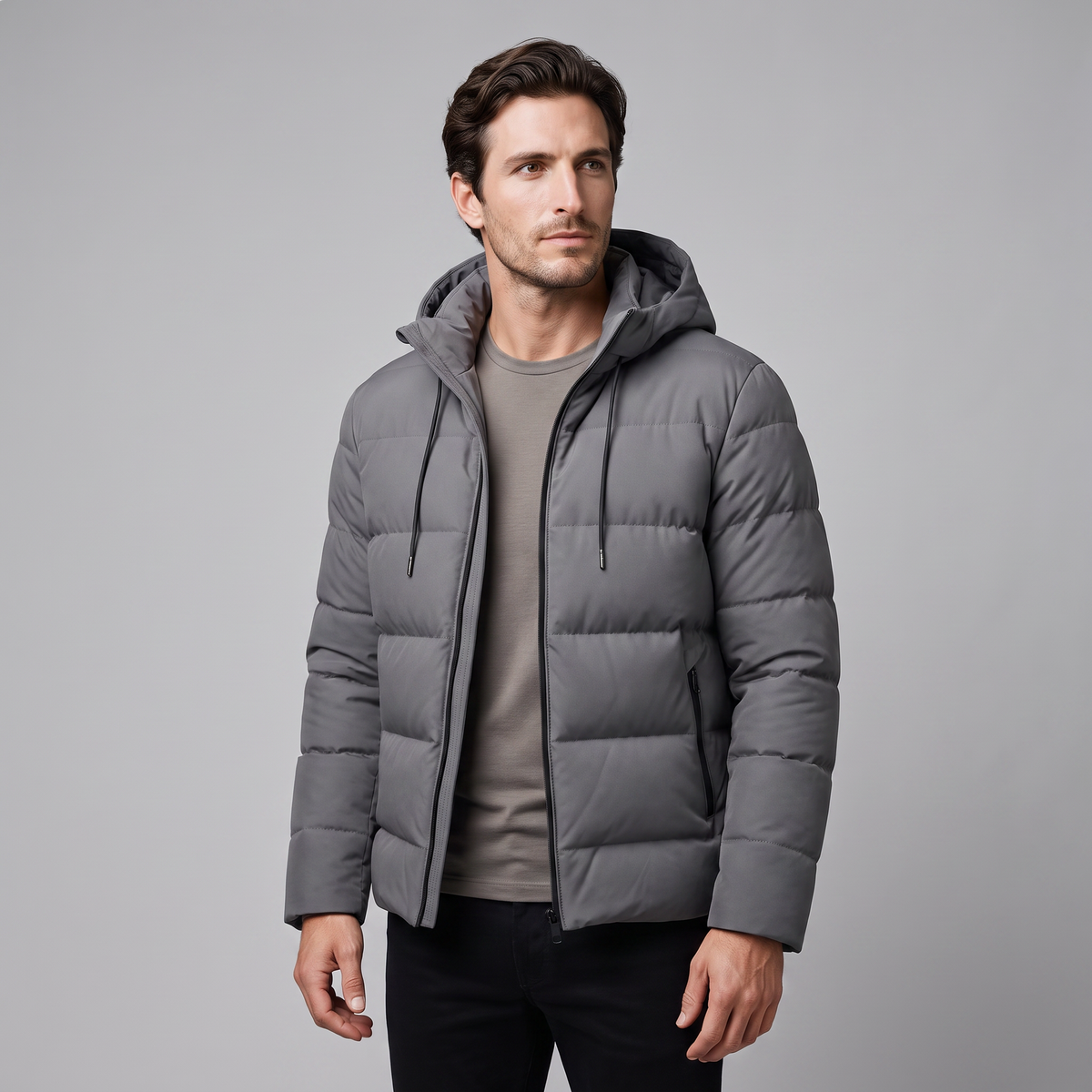 Men's winter jacket with a hood, quilted padding, and polyester insulation.