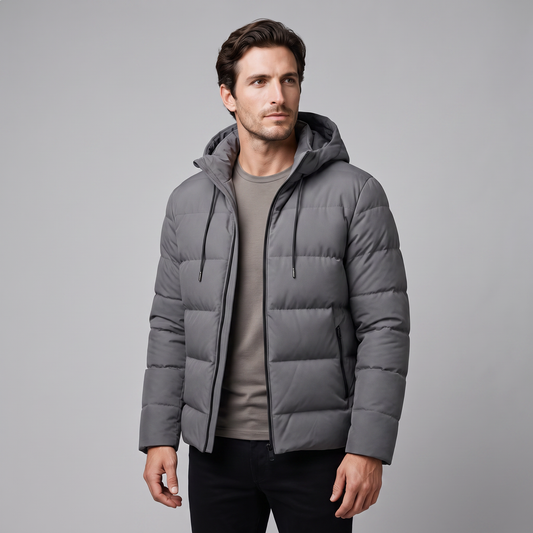 Men's winter jacket with a hood, quilted padding, and polyester insulation.