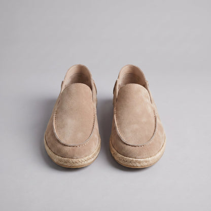 Men’s suede-style espadrille loafers with braided rope soles and slip-on design