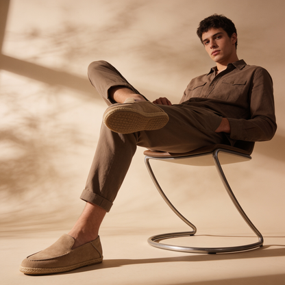 Men’s suede-style espadrille loafers with braided rope soles and slip-on design