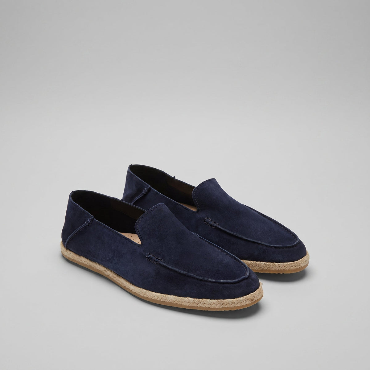 Men’s suede-style espadrille loafers with braided rope soles and slip-on design