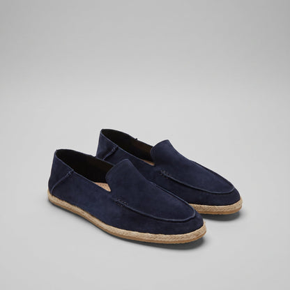 Men’s suede-style espadrille loafers with braided rope soles and slip-on design