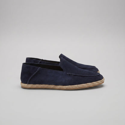 Men’s suede-style espadrille loafers with braided rope soles and slip-on design