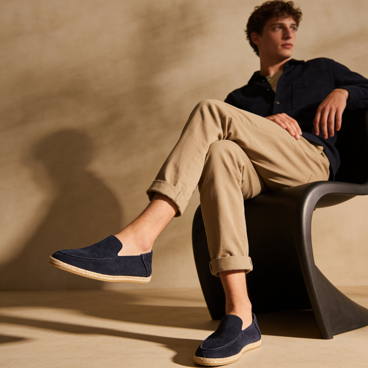 Men’s suede-style espadrille loafers with braided rope soles and slip-on design