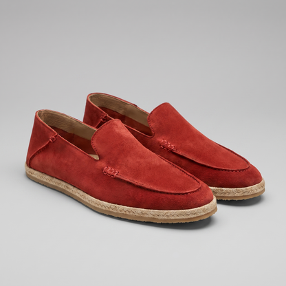 Men’s suede-style espadrille loafers with braided rope soles and slip-on design