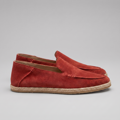 Men’s suede-style espadrille loafers with braided rope soles and slip-on design