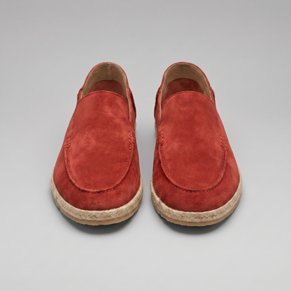 Men’s suede-style espadrille loafers with braided rope soles and slip-on design