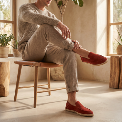 Men’s suede-style espadrille loafers with braided rope soles and slip-on design