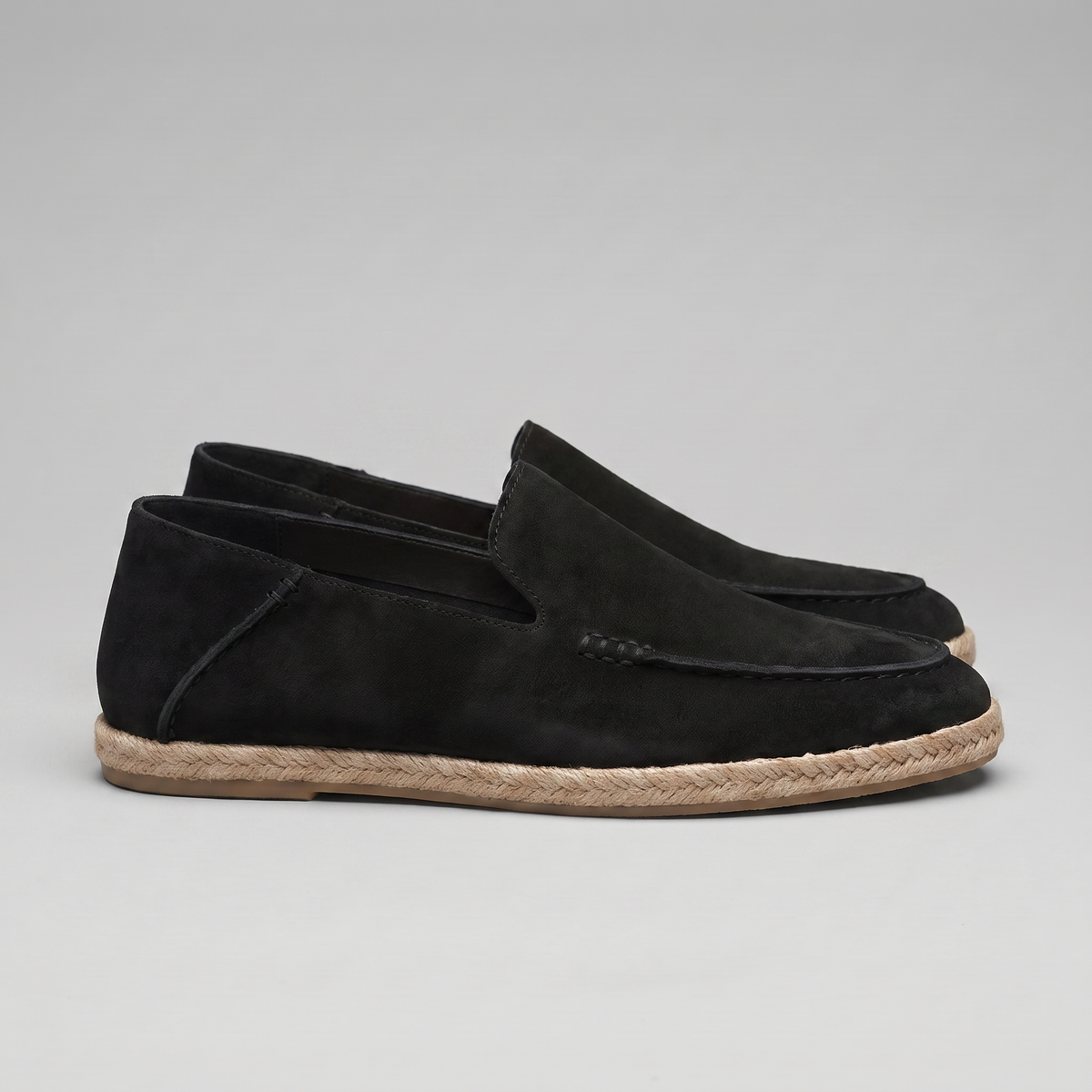 Men’s suede-style espadrille loafers with braided rope soles and slip-on design