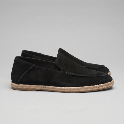 Men’s suede-style espadrille loafers with braided rope soles and slip-on design