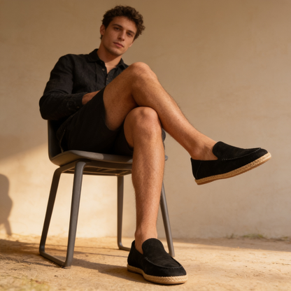 Men’s suede-style espadrille loafers with braided rope soles and slip-on design