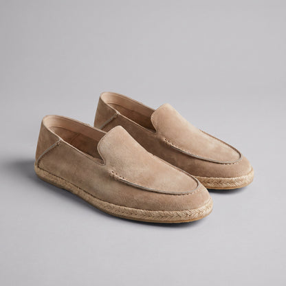 Men’s suede-style espadrille loafers with braided rope soles and slip-on design