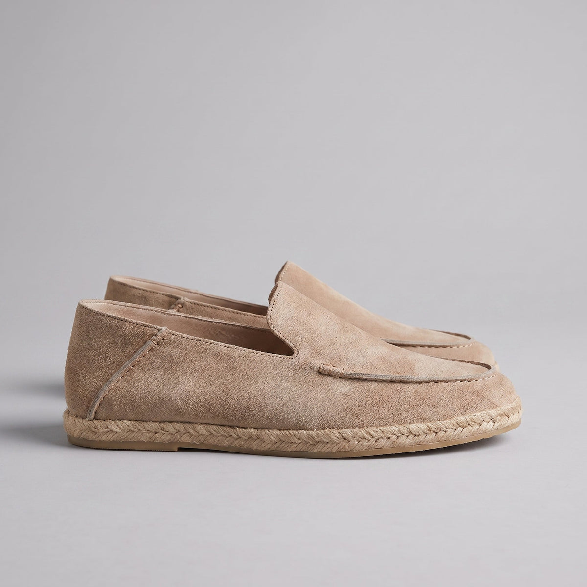Men’s suede-style espadrille loafers with braided rope soles and slip-on design