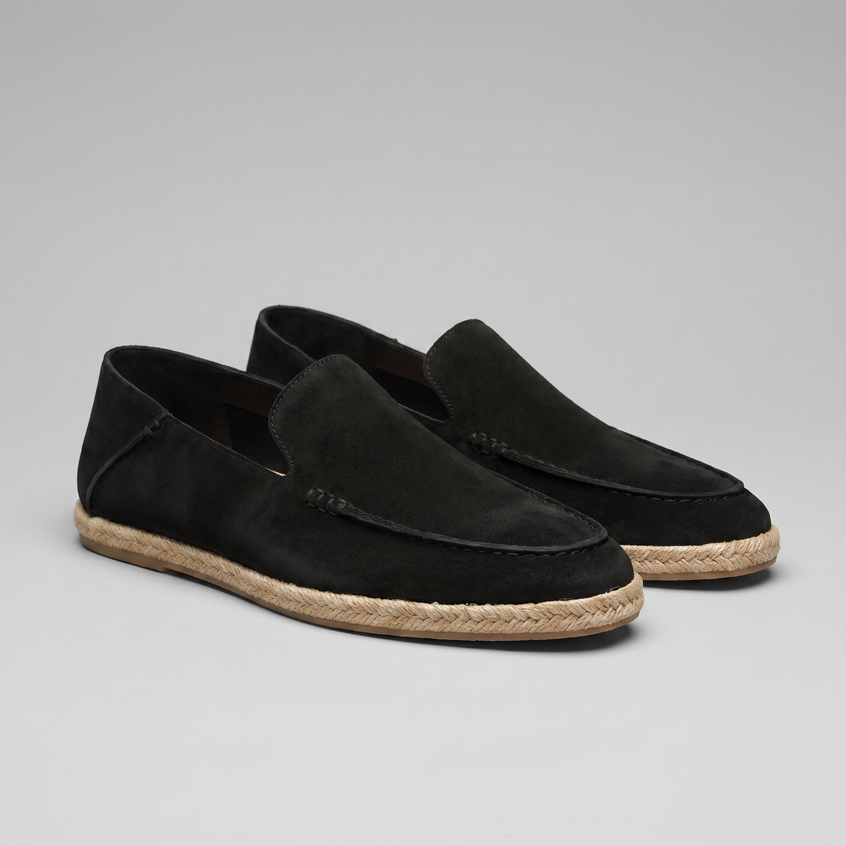Men’s suede-style espadrille loafers with braided rope soles and slip-on design