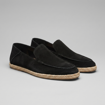 Men’s suede-style espadrille loafers with braided rope soles and slip-on design