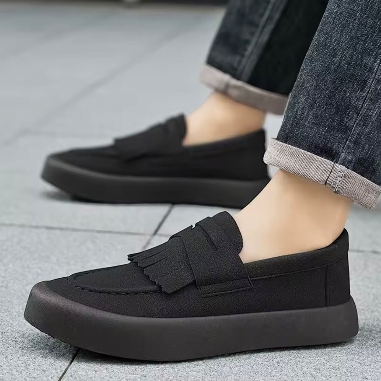 Men's Suede Slip-On Moccasins with Fringe and Padded Insole