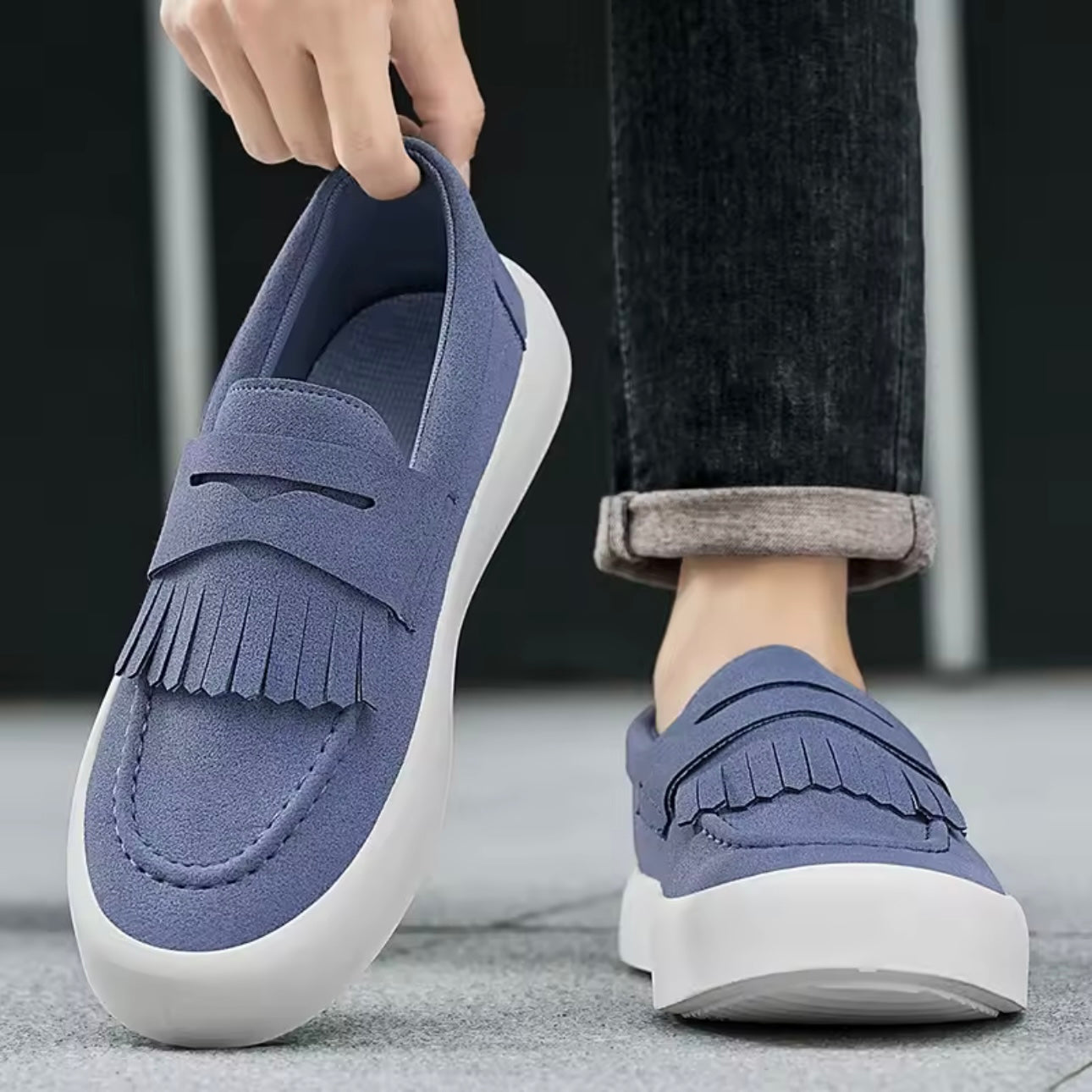 Men's Suede Slip-On Moccasins with Fringe and Padded Insole