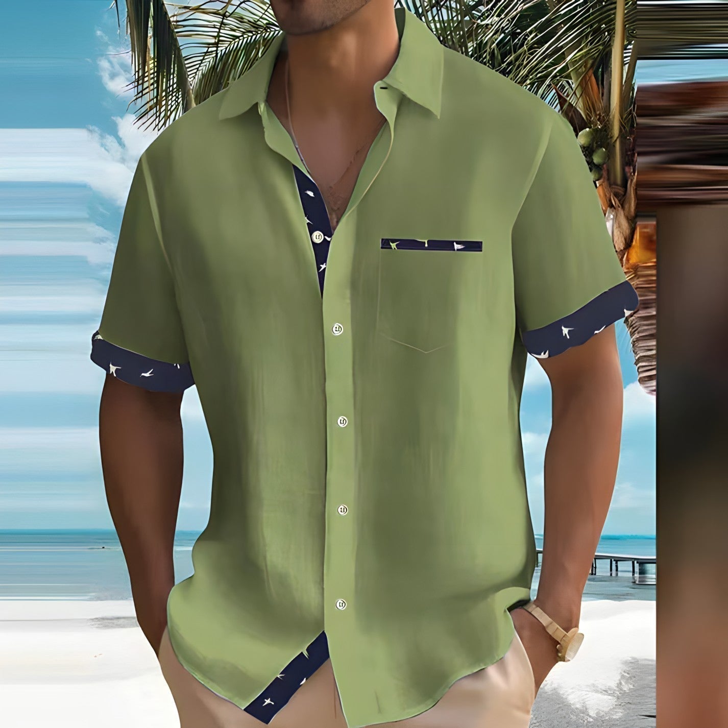 Camicia estiva da uomo verde chiaro, maniche corte, dettagli blu scuro, indossata su spiaggia tropicale con palme e mare sullo sfondo.